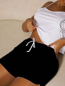 Women's Pajama Set Cropped White Crescent Moon Black Shorts - trắng - Xem 4