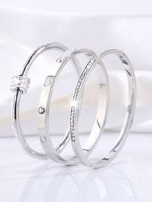 3 Pcs Exquisite Fashion Neutral Stainless Steel Rotating + Single Row Drill + Embossing Stars Bangle Combination Suitable For Couples To Participate In Banquet Events To Wear - Gold - View 14