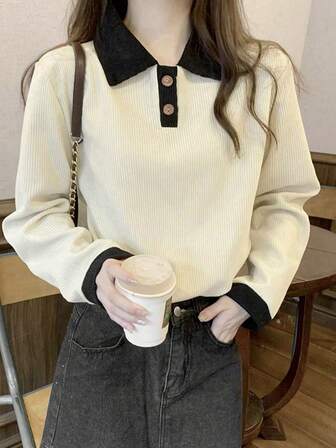 2025年秋冬新款宽松休闲撞色条纹女式T恤，百搭