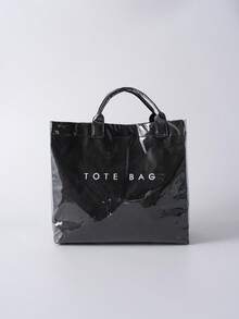 Large Capacity Fashionable Transparent Jelly Bag PVC Waterproof Shopping Bag, Korean Neutral Style Tote Bag, INS Fashionable Retro Casual Street Hipster Tote Bag, Japanese Slouchy Bag, Suitable For High School And University Students Going To School, Gym/Yoga/Travel Bag Or Mommy Bag, Letter Print Minimalist Celebrity-Inspired Creased Texture High-End Quality Multi-Layer Paper Handbag Winter Gifts - Black - View 4