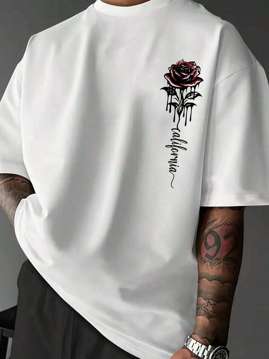 Men's T-Shirt With Letter And Rose Print, Round Neck And Short Sleeves, Casual, New Summer Loose Fit, Versatile, Student Brand T-Shirt. - 白色 - 查看 1
