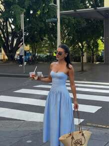 Women Solid Color Ruched Splice Elegant Casual Vacation Dress, Spring & Summer