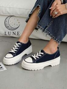 Women's Thick-Soled Casual Canvas Sneakers For Daily Wear - Black - View 2