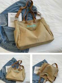 1pc Personalized Women's Canvas Tote Bag, Fashionable Versatile Work/Commute Shoulder Bag, Portable Lightweight Organizer Bag, College Style Large Capacity Student Book Handbag, Multifunctional Embroidered Letter Tote, Suitable For Daily Use, Can Be Given As Gifts To Family, Friends, Mothers, As Personalized Gifts For Mother's Day, Valentine's Day, Nurse's Day, Teacher's Day, Christmas Birthday, Etc.,School Supplies,Back To School,School Gift,For Office,For School,For Classroom,For Teacher Gifts,For University,For Colleague,For Dorm Rooms,For Teacher,For Boys And Girls,For Teenagers,Junior High School Students,Middle School Students,High School Senior High School Students,College Students,University Students,Freshman,Sophomore,Underclassmen