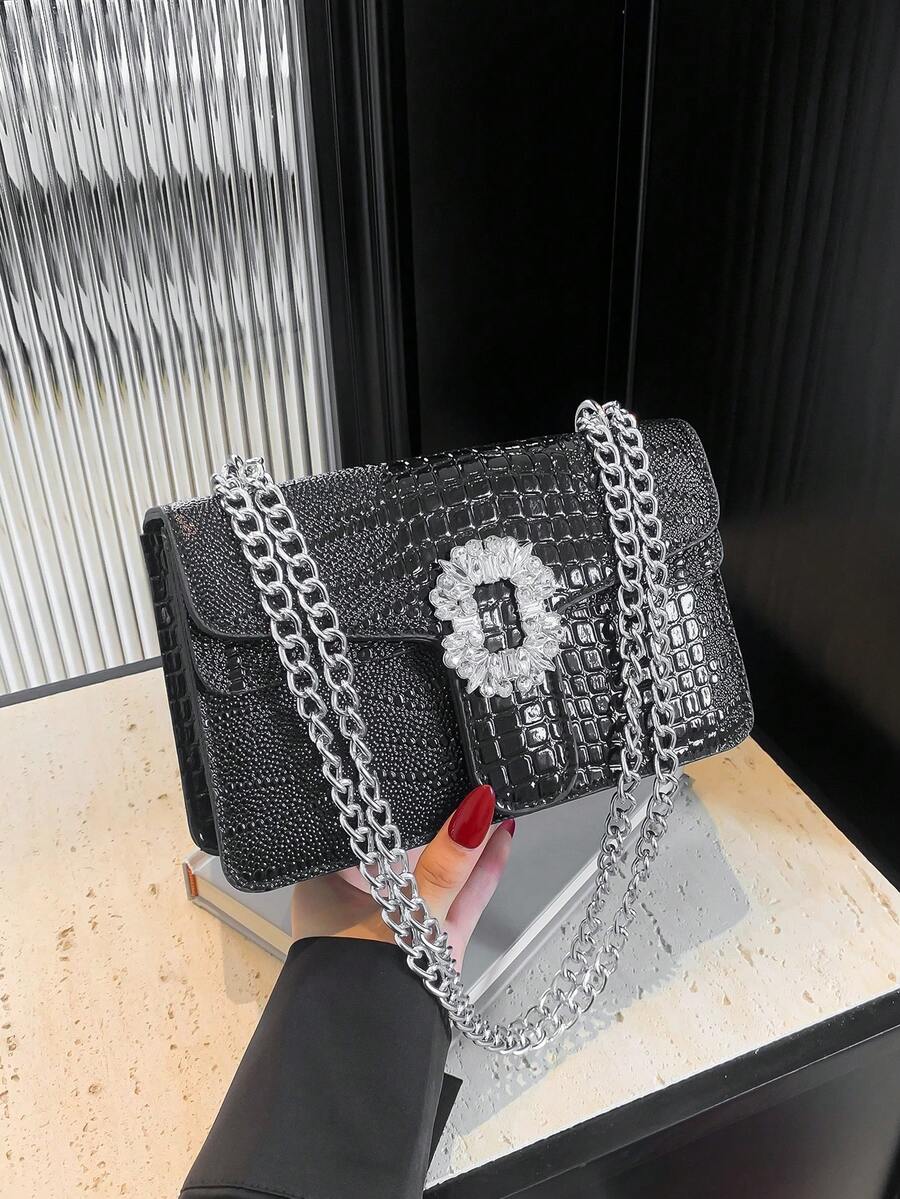1pc Women's Crocodile Embossed Rhinestone Decor Flip Cover Chain Shoulder Bag, Suitable For Daily Use - Black - View 1