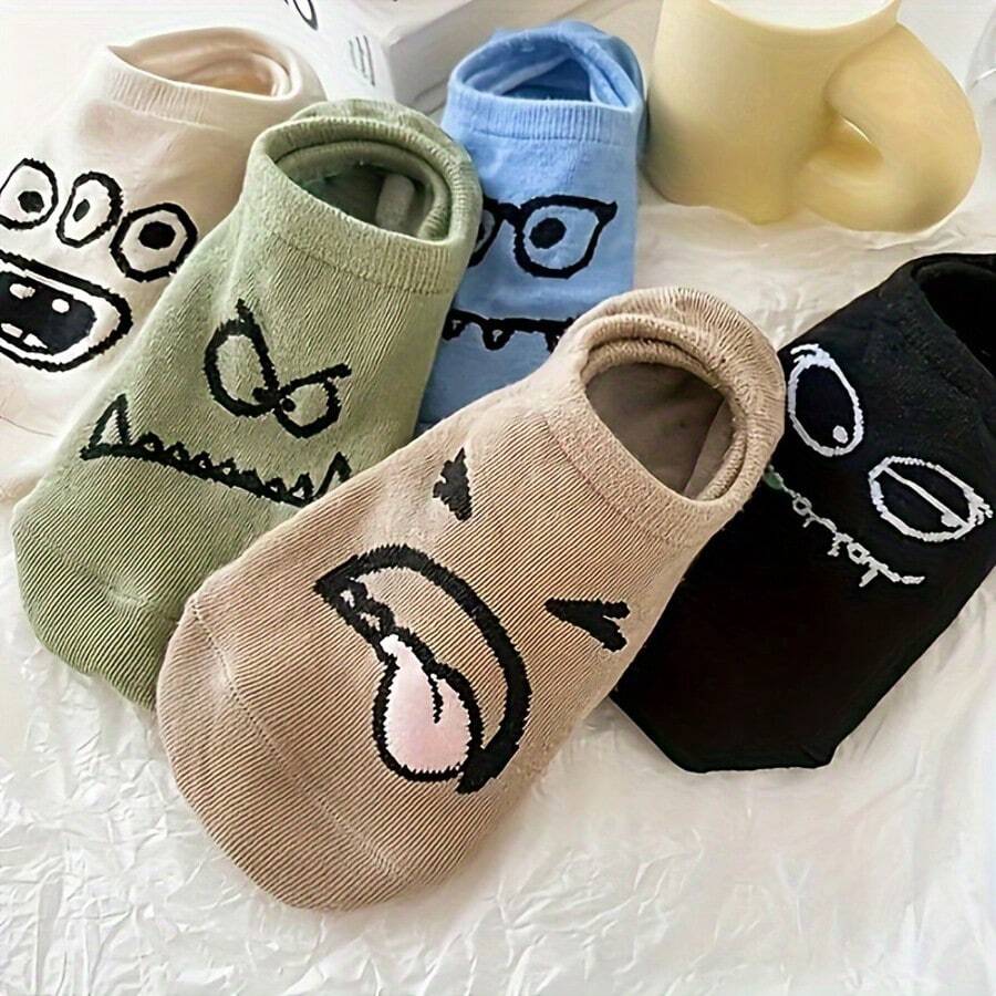 5 Pairs Of Women's Invisible Low Cut Comfortable Lining Socks, Cute And Interesting Cartoon Pattern Socks, Adding Fun To Your Daily Wear, Breathable Polyester Socks, Suitable For Spring And Summer, Machine Washable