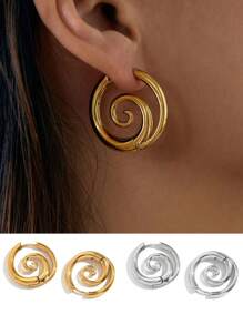 1pair Stainless Steel 18K Gold Plated Spiral Snail Hoop Earrings For Women Fashion Punk Tones Stainless Steel Chunky Jewelry Accessory To Wear On Festive Party Occasions