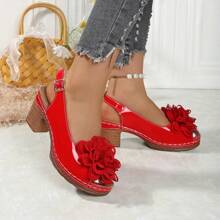 Sandalias elegantes de tacón alto con decoración de flores rojas de moda 2025, adecuadas para fiestas y uso al aire libre, correa tipo tick con tacones abiertos y dedos de los pies, estilo clásico casual de verano