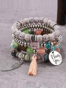 4 件/套串珠翼流苏浪漫“我爱你”手链，适合女士和情侣，适合节日、度假、日常佩戴 - 咖啡 - 查看 4