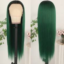 Purple Color Lace Front Wigs Pre Plucked Hairline Long Straight Wigs For Fashion Women Girls Party Daily Wear Glueless Dark Purple Lace Front Synthetic Wigs 13x4 Free Part Heat Resistant Fiber Hair 28 Inch 180% Density - Green Ombre - 查看 7