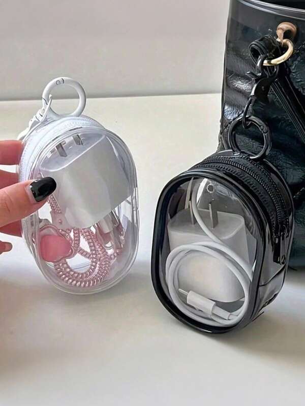 1 pieza Bolsa de almacenamiento portátil y transparente con cremallera, organizador multifuncional para auriculares, cargadores, accesorios de viaje con llavero