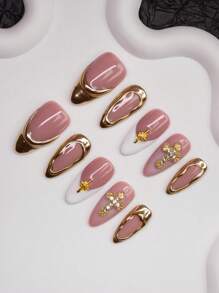 Spring/Summer Handmade Almond-Shaped Nail Tips With Y2K Chic Style, In Nude, White, Gold Colors Featuring Cross, Star, Asymmetrical Metallic Design, Suitable For Women & Girls To Wear At Parties, Weddings, Daily Life. 10pcs/Set With 3 Sizes, Includes Nail Tools, Great Gift For Ladies
