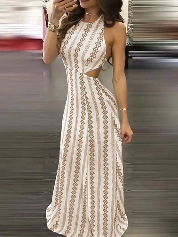 Rhombic Lattice Sexy Woven Fabric Twist Hollow Back Beach & Evening Dress, Summer