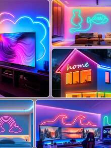 柔性LED灯带，遥控，多种模式，户外防水RGB霓虹灯，音乐同步游戏LED霓虹灯带，适用于卧室、室内家居装饰、派对装饰、DJ迪斯科氛围照明、游戏氛围照明 - 彩色 - 查看 2