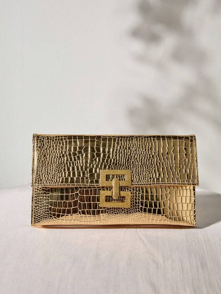 Bolso de mano de lujo minimalista de unicolor con estampado de piedra, bolso de mano de estilo elegante en color dorado, bolsos de mano de moda para mujer como regalo de Navidad e invierno - Dorado - Añade 1