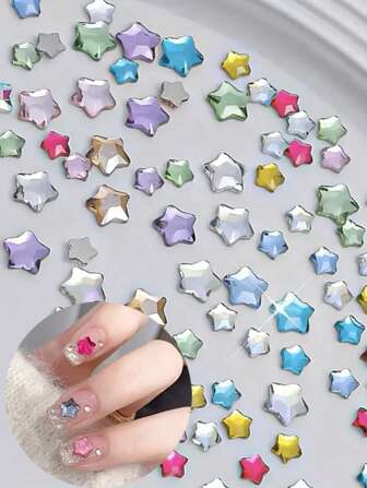 100 件各种尺寸彩色星星平底水钻，3D 星星美甲装饰，适合 DIY 美甲