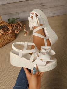 Women's Summer Sweet Elegant Bow Decor Cross Strap Slip-On Platform Sandals, Comfortable Polyurethane Sole, Suitable For Dresses, Pants, Casual, Vacation, Commuting - Beige - View 4