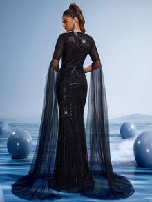 GIFORU Rochie de seară elegantă, model sirenă, cu mărgele negre - Rochie de mireasă luxoasă, transparentă, cu mâneci clopot, cu mărgele complicate și talie strânsă, rochie de covor roșu brodată manual pentru gale/baluri subacvatice/nopți de operă, rochie de petrecere, rochie formală - Negru - Vizualizare 5