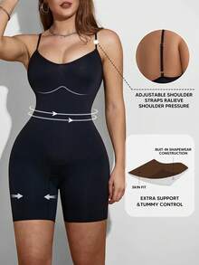 女士粉色罗纹塑身提臀收腹连体裤，中长款，黑色，夏季休闲款 - 黑色 - 查看 1