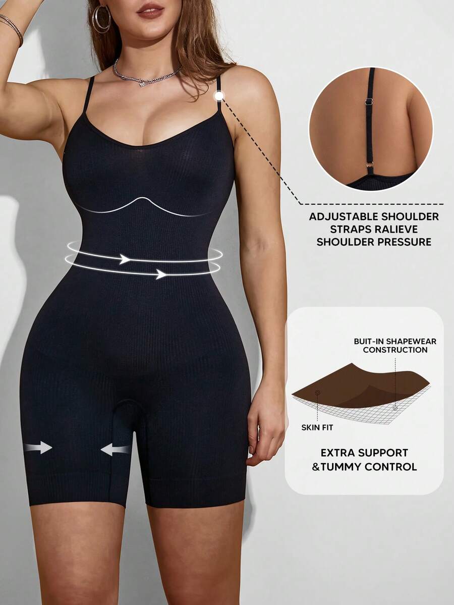 女士粉色罗纹塑身提臀收腹连体裤，中长款，黑色，夏季休闲款 - 黑色 - 查看 1