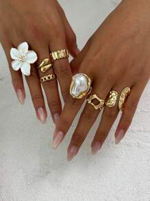 6pcs/7pcs Set Vintage Geometric Flower Embellished Ringed Jewelry Set, Luxury Casual Everyday Rings For Women, Couples, Holidays, Birthdays, Versatile Accessory Gift
