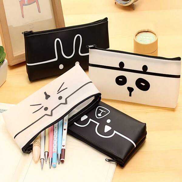 1 Stück süßer Cartoon Tier durchsichtiger PU Leder Federmäppchen - 4 niedliche Designs (Bär, Hase, Katze, Panda) - Gelee-Gel Design für Schule & Büro Organizer, Federtasche, Schultasche