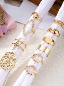10pcs Metal Lava Graphic Exaggerated Round Cross, Pleated Asymmetrical Geometric Knuckle Rings Set - Gold - View 3