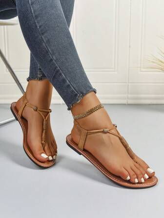 New Spring/Summer Fashion Women Slippers, Stylish Casual Roman Style Slip-On Sandals In Black, Beige, Brown, Solid Color Woven Comfortable Beach Sandals, Blogger Recommended Thick-Sole Sandals, Summer Beach Shoes, Elegant Buckle Low Heel Round Toe Slides, Odor-Resistant Anti-Slip Fabric With Beaded Decor Simple Outdoor Slippers, Versatile Flat Slip-On Women Flat Sandals