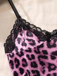 1pc Women's Sexy Nightgown, Leopard Print Contrast Lace Hem Slit Camisole Slip Dress - Purple - View 3