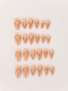 24 szt. Krótkie migdałowe zdobienie paznokci French Nude Apricot Golden Line Bow Press On Fake Nails Set