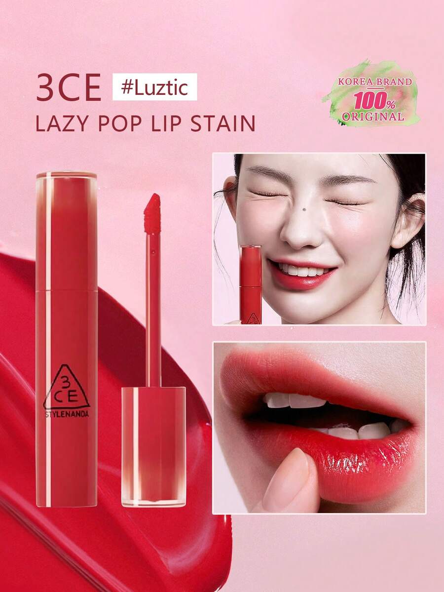 3CE Luztic 慵懶時尚唇釉，輕盈天鵝絨霧面質感，不黏膩鏡面設計，高顯色度，暖色調提亮膚色，12小時持妝，易於疊擦，磁吸漸層外殼，斜角刷頭，打造瞬間亮澤通勤妝容，易於塗抹，韓系彩妝，4.5g/0.16oz