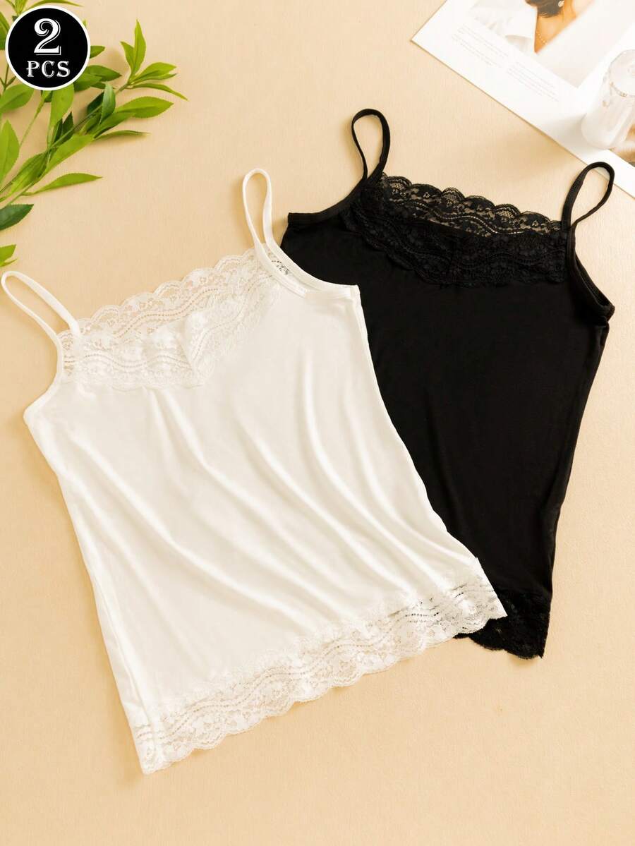 2pcs Women Lace Floral Cami Tank Top Undergarments, Versatile Outerwear