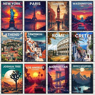 1pc /3PCSWall Arts Posters Optional Frame Travel Beautiful Travel City Posters And Prints Wall Art Canvas Painting World Famous Scenic Spots Mural Modern Home Living Room Decor