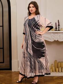 DEARCASE Plus Size Elegant Printed Colorblock Trim Dress Pink Summer - Pink - View 4