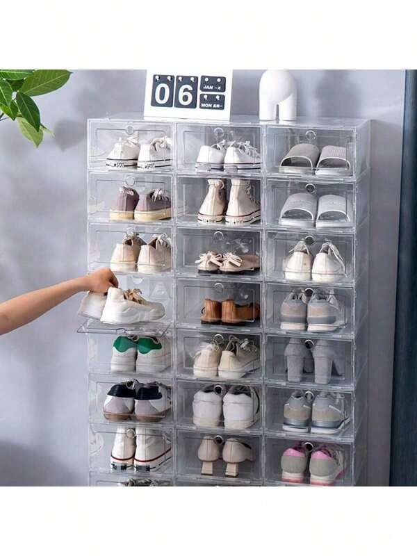 6pcs/12pcs,Shoe Storage Box, Clear Stackable Shoe Organizer For Closet, Space Saving Foldable Shoe Rack Sneaker Container ,High Quality Shoe Rack Shoe Box