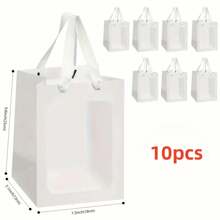 Multi Colored 10PCS Kraft Paper Rectangular Regular Windowed Transparent Gift Bag Size: 20cm * 15cm * 10cm, Suitable For Bridal Gifts, Weddings, Birthday Parties, Various Holiday Gifts, Bouquets, Transparent Windowed Party Handbags