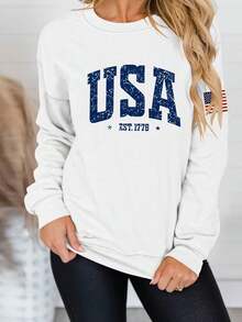Womens 4th Of July Sweatshirts Long Sleeve Round Neck Letter Print Pullovers Oversized Tops - White - View 2