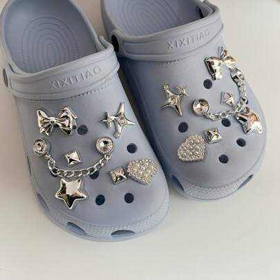 14 件/套 DIY 闪亮星星和心形装饰鞋饰，金属外观，不褪色，适合夏季海滩、休闲情侣凉鞋、EVA 鞋、派对礼物