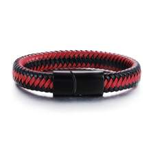 Men Stainless Steel Magnetic Clasp Braided Black Leather Bracelet For Men Wristband Bangle