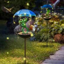 1 pieza Estatua solar con decoración de rana y paisaje, tazón para alimentar aves, decoración de jardín con luces LED, comedero para colibríes, apto para patio, camino, césped, terraza (comida para pájaros no incluida) - luz calida - Ver 3