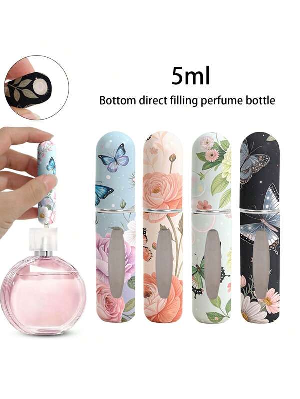 1/4pcs Butterfly Flower Pattern Perfume Spray Bottle, Reusable Bottom Filled Perfume Bottle, Mini Cosmetics Bottle, Perfume, Pure Dew Packaging Tool, Multiple Colors To Choose From, Birthday Gift For Family And Friends, Holiday Gift, Portable Travel 5ml