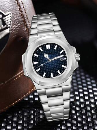 1 pezzo Orologio da uomo con cinturino argento, alla moda, casual, da affari, con scala a barre e funzione calendario, quadrante al quarzo, adatto per uso quotidiano o regali per le vacanze
