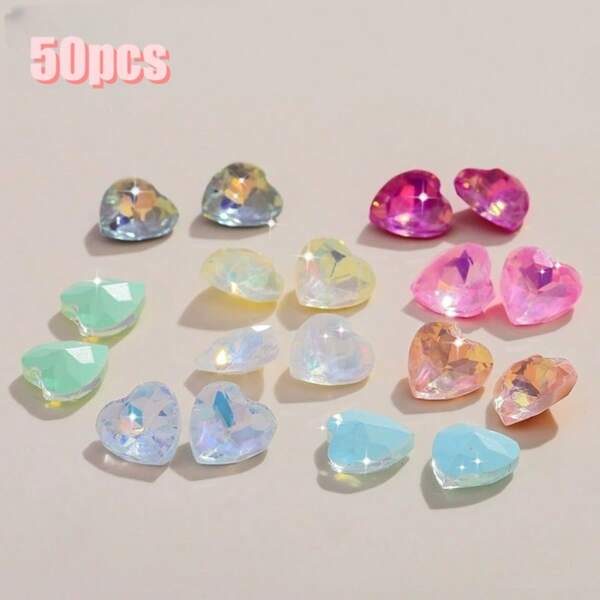 50pcs 10mm Sparkling Multi-Color Diamond Shaped Macaron Heart DIY Jewelry Craft Decorations, Suitable For Dresses, Shoes, Bags, Clothing Accessories, Cars, Festivals, Parties, Gifts