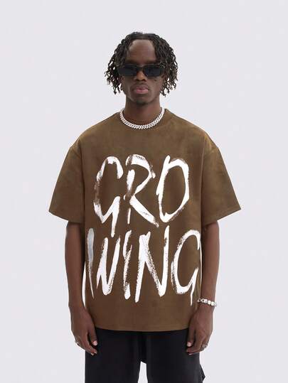  MT99 复古美式麂皮涂鸦印花男士短袖T恤，棕色重磅百搭情侣T恤