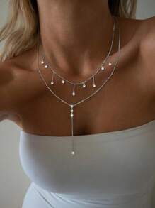 1 pieza Collar con colgante de borlas de doble capa de cristal sintético con estilo bohemio, collar de cadena plateada para mujer, joyería de moda para uso diario y fiestas