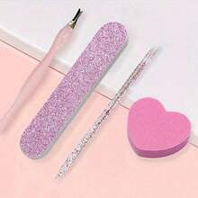 4pcs Nail Art Tools Set, Crystal Dotting Pen, Heart-Shaped Sponge Block, Nail File & Buffer Stick, Manicure Tools - Gradient Pink - View 6