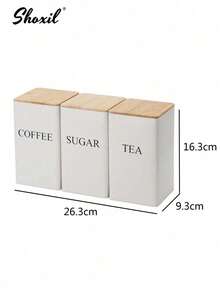 shoxil 3pcs Coffee Tea Sugar Canister Set For Kitchen Countertop, Metal Canisters With Airtight Bamboo Lid, Coffee Jar Sugar Jar Tea Jar, Coffee Tea Sugar Container Set, Square Kitchen Containers For Food Storage