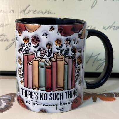 1pc Book Lover'S Ceramic Coffee Mug - "There'S No Such Thing As Too Many Books" Design, Vibrant Floral & Book Illustrations, Reusable Water Cup For Classmates, Sons & Daughters, Ideal Holiday, Birthday, Christmas Gift, Graduation Gift, Classroom Water Cup Floral Illustration Mug Durable Ceramic Mug, Book Lover Gifts