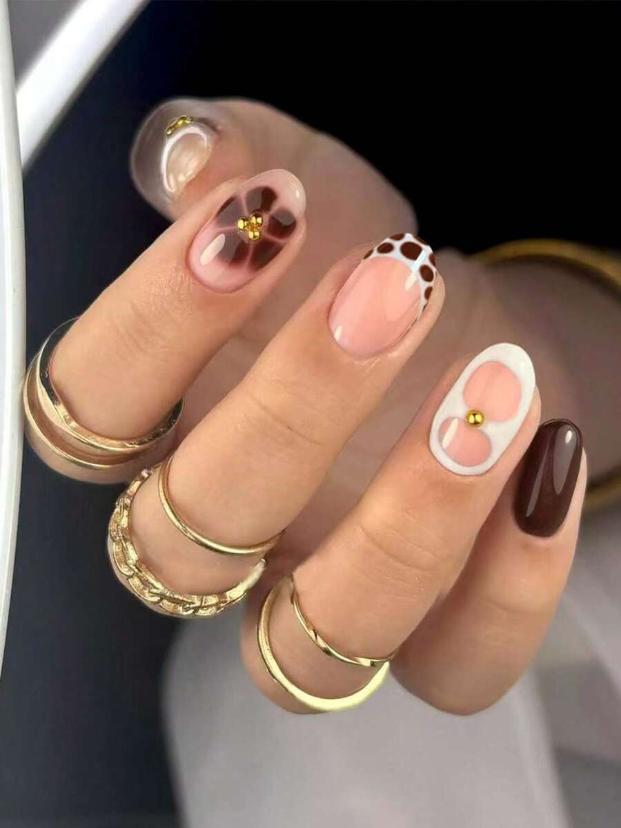 24pcs Oval Flower Nail Stickers, French Style Acrylic Material, Perfect Fit, Set Includes: 1pc Gel Polish And 1pc Nail File - View 1