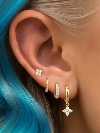 Conjunto de 4 piezas de aretes colgantes de oro enchapado con circonita cúbica exquisita para mujeres, conjunto de aretes de aro de circonita, joyería de moda